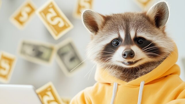 A raccoon dressed in a yellow hoodie smiles charmingly in a modern setting. Playful dollar bill icons, money maker, online business, freelance