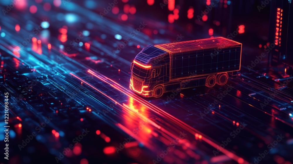 Aufkleber Glowing polygonal truck navigating a digital road at night, visualizing the integration of advanced tech in modern transportation.