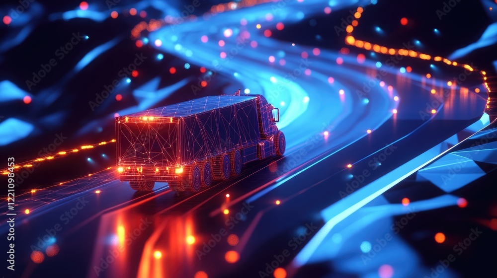 Poster Glowing polygonal truck navigating a digital road at night, visualizing the integration of advanced tech in modern transportation.