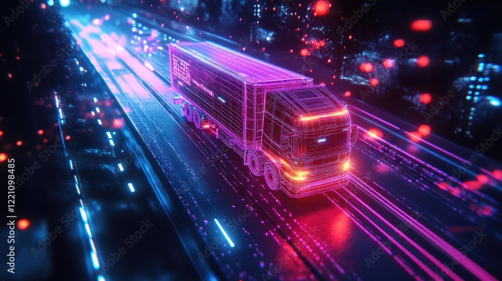 Poster Glowing polygonal truck navigating a digital road at night, visualizing the integration of advanced tech in modern transportation.