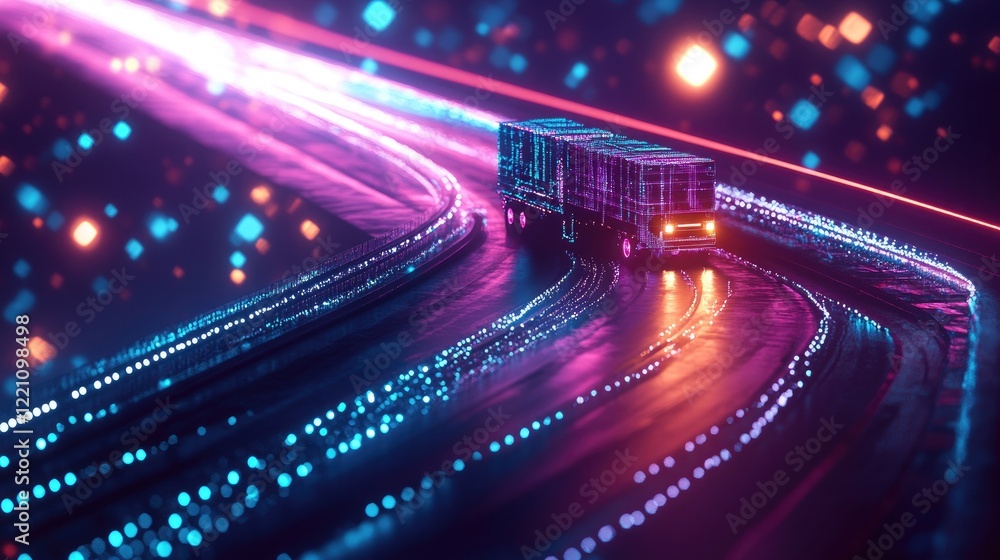 Poster Glowing polygonal truck navigating a digital road at night, visualizing the integration of advanced tech in modern transportation.