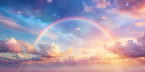 A Vivid Rainbow Arches Through a Serene Sky Adorned with Delicate Clouds and Twinkling Stars