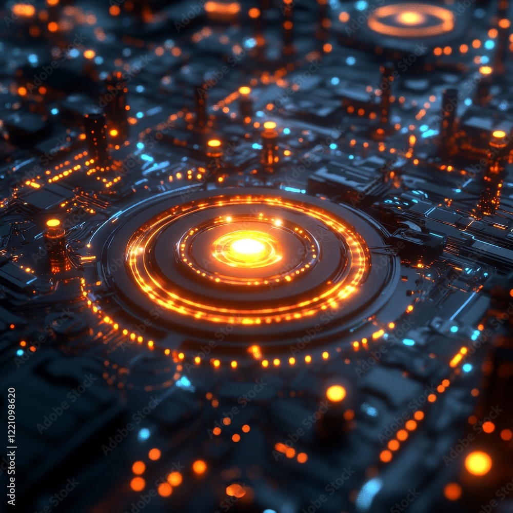Poster futuristic circuit design with glowing lights and intricate patterns, representing advanced technolo