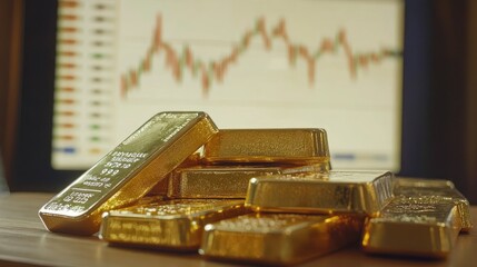 Gold bars on a table, with a stock market chart in the background illustrating financial growth and investment strategies.