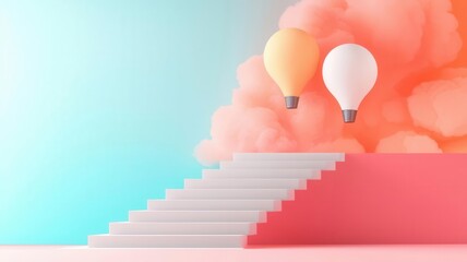 Minimalist staircase with key business success elements on each step, corporate theme, 3D illustration,