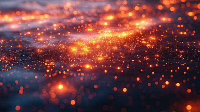 A serene, atmospheric landscape featuring high-voltage power lines and transmission towers against a moody sky.
