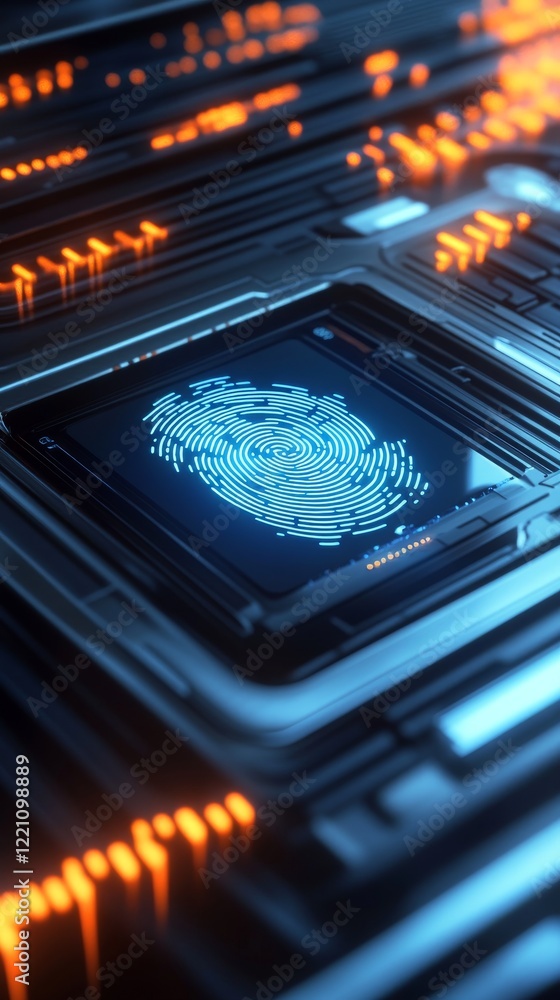 Poster futuristic fingerprint scanning technology on a digital circuit board with glowing elements, symboli