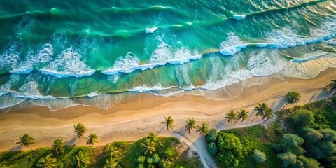 Vintage Aerial View: Vietnam's Serene Coastal Paradise - Blue Ocean Waves Crashing Sandy Beach