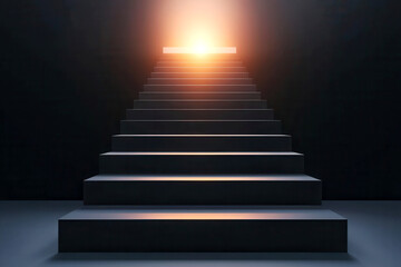 Modern staircase surrounded by business charts, glowing at the peak, 3D illustration,