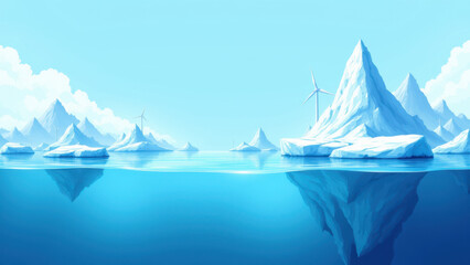 Underwater view of an iceberg with a sustainable energy plant in the background.