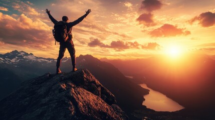 Hiker with arms raised in triumph on a cliff at sunset, overlooking a spectacular fjord view, embodying adventure and natural beauty.