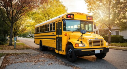 Obraz premium Yellow school bus parked on suburban street during autumn