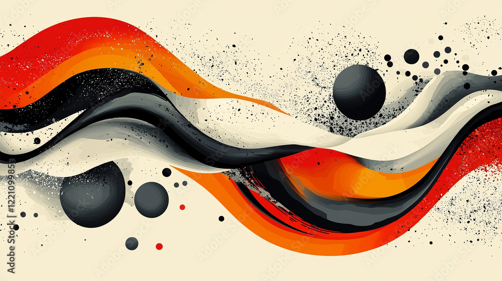 Poster dynamic abstract composition with flowing waves and scattered spheres