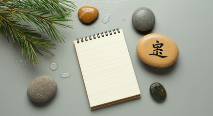 Notepad and stones with Asian characters in tranquil zen arrangement