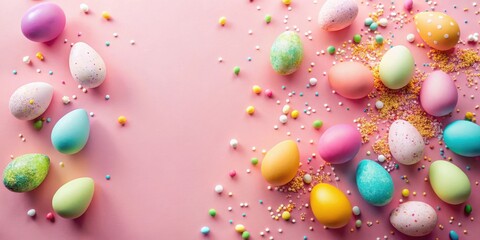 A festive scattering of colorful Easter eggs and sprinkles on a delicate pink background