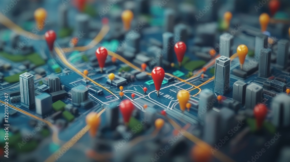 Poster Logistics and geospatial intelligence in action, represented through location pins on a city map for efficient and optimized deliveries.