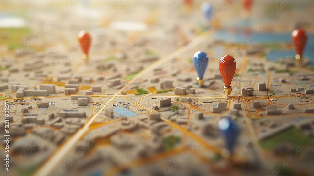 Poster Logistics and geospatial intelligence in action, represented through location pins on a city map for efficient and optimized deliveries.
