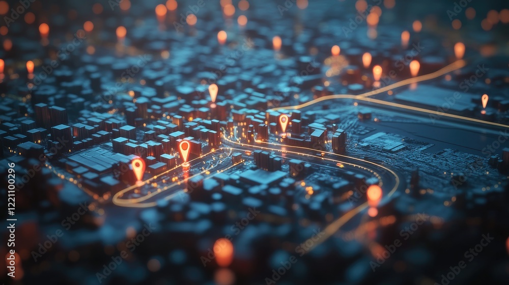 Poster Logistics and geospatial intelligence in action, represented through location pins on a city map for efficient and optimized deliveries.