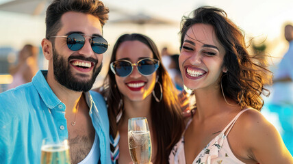 Friends at rooftop pool party enjoying drinks and celebrating together. atmosphere is joyful and vibrant, capturing moment of happiness and connection