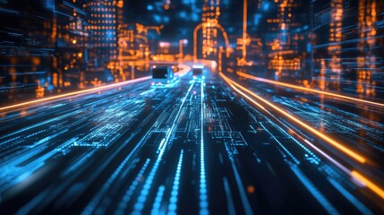 Obraz premium Luminous truck navigating a glowing digital road, symbolizing innovation in the logistics industry with a sleek, futuristic design.