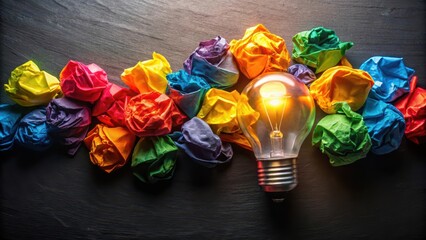 Fototapeta premium Crumpled colorful paper scattered on a black surface with a light bulb emitting bright colors and warm glow, symbolizing creativity and inspiration, black background, creative spark