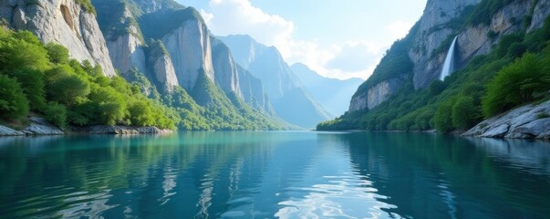 Gentle ripples disturb the calm surface of a gorged lake with white limestone cliffs rising above, waterfall, white cliff