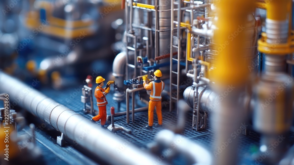 Poster miniature workers carrying out maintenance tasks on a large oil refinery pipeline, emphasizing scale