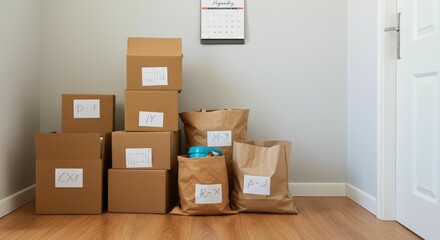 Boxes and bags prepared for moving, near calendar on wall