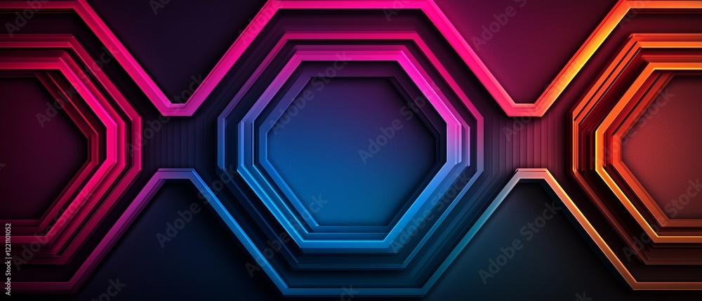 Poster vibrant hexagonal pattern with gradients of pink, blue, and orange creating a striking visual effect