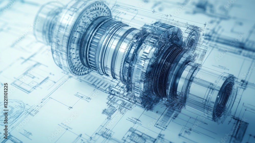 Poster Overlay of an innovative engine design on engineering drawings, symbolizing technological progress and mechanical development