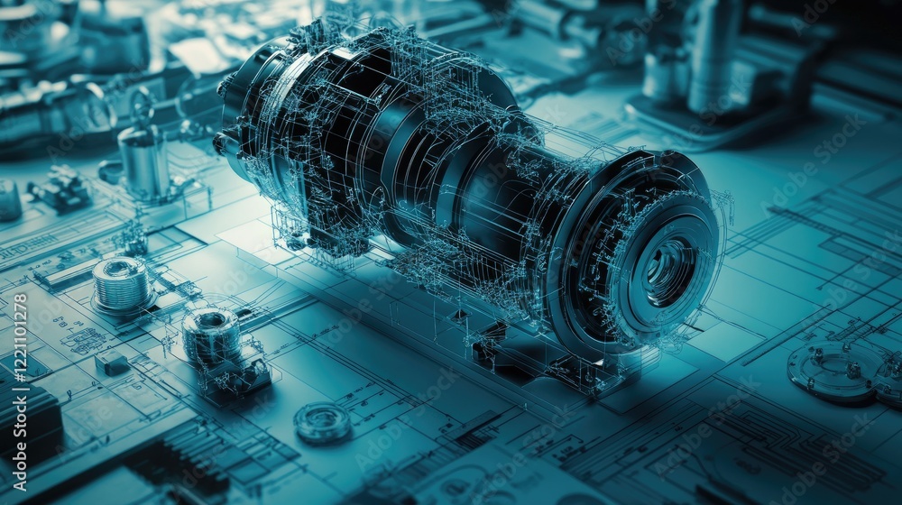 Poster Overlay of an innovative engine design on engineering drawings, symbolizing technological progress and mechanical development