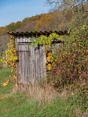 Holzschuppen an einem Wanderweg auf dem Weg zum Gipfel des Staffelbergs in Franken im Herbst