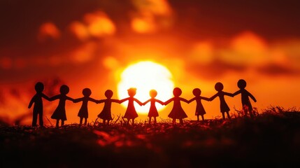Fototapeta premium Paper chain figures holding hands, set against a stunning sunset, representing togetherness and the strength of community.