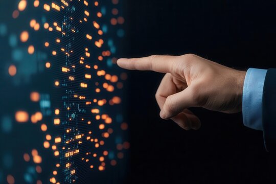 Business professionals analyzing real-time data streams, statistical optimization process in progress, modern digital interface with glowing graphs