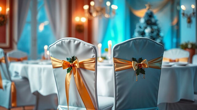 Holiday Chair Covers, Elegant holiday chair covers with bows in festive dining room decorated for celebration