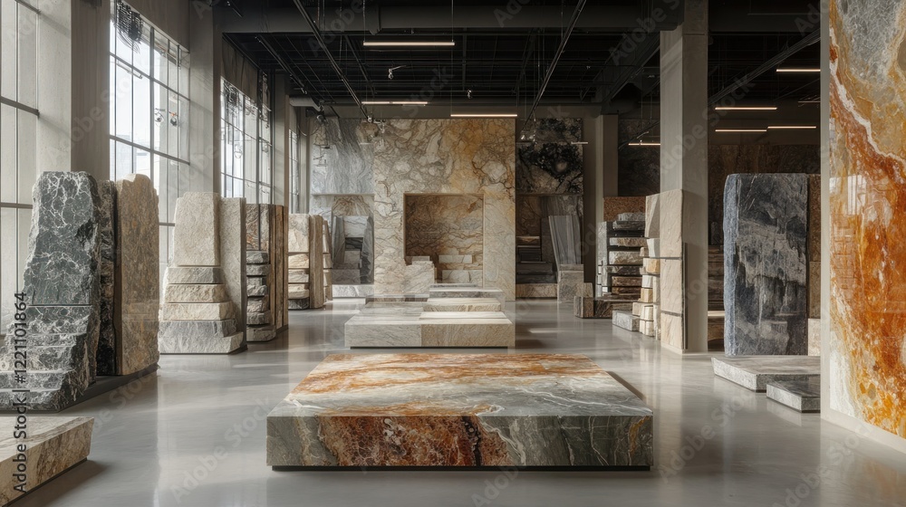 Poster showroom displays an extensive collection of natural stone slabs and blocks in various colors and te