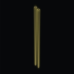 Neon chopsticks glowing in yellow on a black background, isometric view