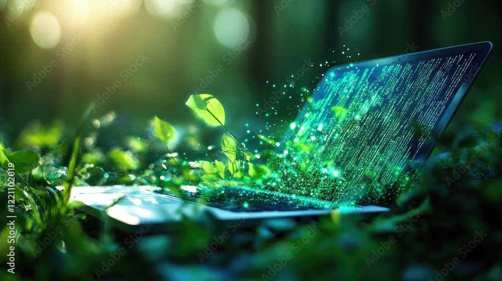 Aufkleber Programming code flows behind a laptop streaming digital content, representing the complex processing of digital data in modern tech.