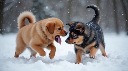 Naklejka premium dogs playing in the snow in a park