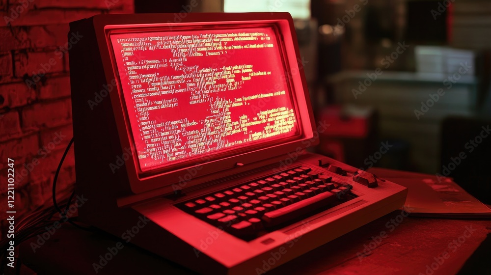 Poster Red-lit vintage computer screen displaying code, evoking a sense of nostalgia for the early era of programming and technology.