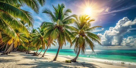 Obraz premium Vintage Caribbean Beach: White Sand, Palm Trees, Turquoise Sea