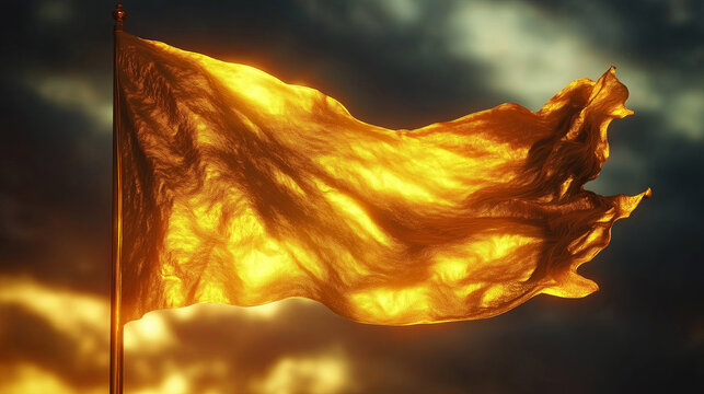 Golden Sikh flag (Nishan Sahib) waving against a dramatic sky during a serene evening, symbolizing faith and spiritual unity. Vaisakhi celebration concept