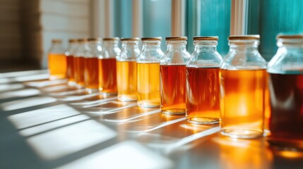 This tranquil image showcases a series of glass bottles, filled with amber-colored liquid, beautifully illuminated by natural light, emphasizing warmth and homeliness in a serene setting.
