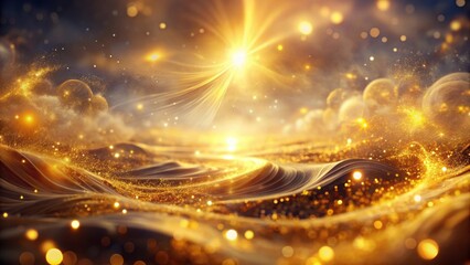 Obraz premium A celestial landscape of shimmering gold, illuminated by a radiant sun and scattered with celestial bodies, radiating ethereal light and swirling patterns of golden dust.