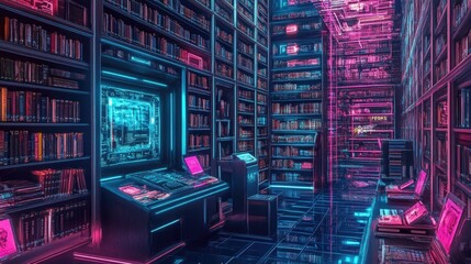 Obraz premium Futuristic Library with Neon Glowing Bookshelves and Digital Interface