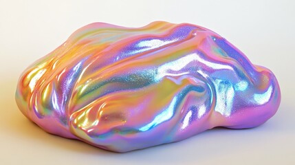 Naklejka premium Shiny, iridescent rainbow clay with a soft, foam-like texture, reflecting a shimmering metallic sheen under various light angles.