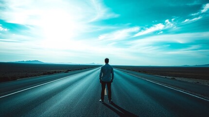 Person Standing on an Empty Road Under a Vast Blue Sky