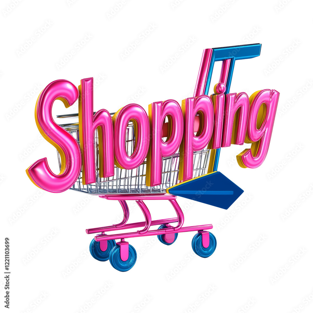 Poster a 3d rendering depicts a shopping cart with the word shopping in bright pink letters.