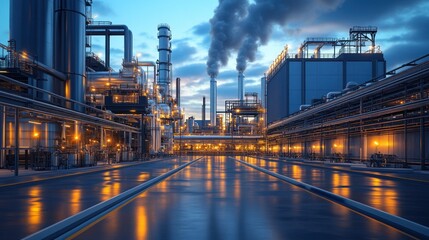 Fototapeta premium Sprawling industrial complex glows under the twilight sky