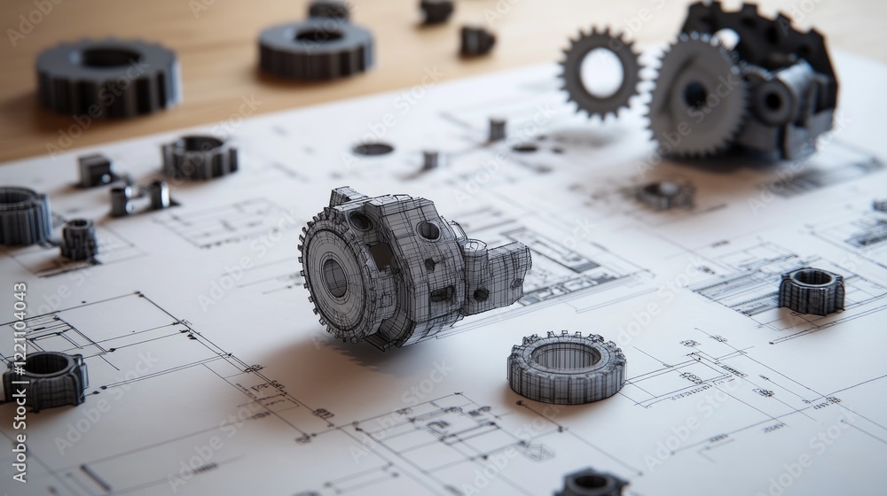 Poster Technical blueprint and 3D printed prototypes of a complex gearbox, illustrating the design process from concept to creation.